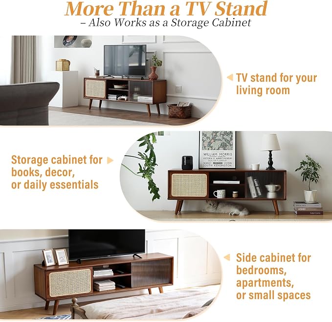 Tiita Rattan TV Stand for 55 Inch TV, Bamboo TV Cabinet with Adjustable Shelf and Storage, Boho Entertainment Center, Mid Century Modern Media Console for Bedroom, Living Room, Study, Walnut - Image 9