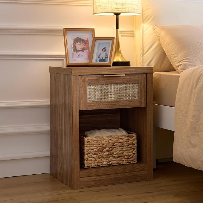 Walsham Rattan Nightstand Set of 2 with Charging Station, Boho Bedside Tables with Drawer and Open Shelf, USB-C, USB & 2 AC Outlets, Farmhouse End Tables for Bedroom, Weathered Oak - Image 3