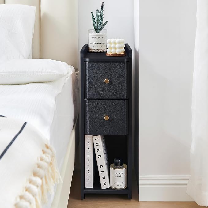 Narrow End Table Bedroom, Wooden Small 2 Drawer Nightstand, Thin Couch Side End Table, Skinny Bedside Table Small Spaces, Mid Century Modern Night Stand with Drawers (Black-1 pc) - Image 8
