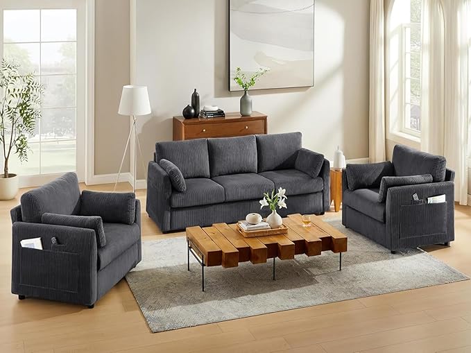 3 Pieces Corduroy Living Room Sofa Sets, 3-Seater Couch with Set of 2 Reading Armchairs, Comfy Pillows and Storage Pockets, Modern Living Room Furniture Sets for Apartment, Small Spaces, Grey