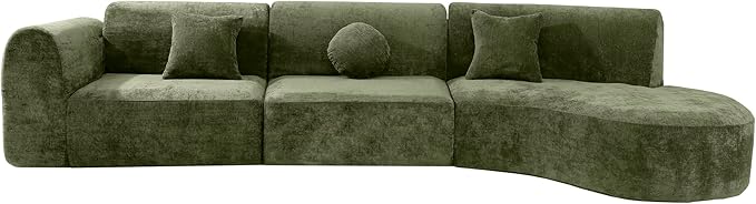 Merax 140" Curved Polyester Sectional Sofa Set, 7 Seat Modern Cloud Couch with Chaise Lounge,3 Pillows, Fully Assembled for Living Room, Green