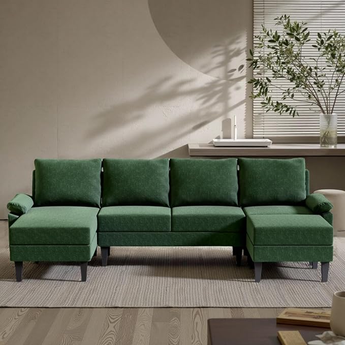 Sectional Couches for Living Room Furniture Sets, 4 Seat Modular Sectional Sofas for Living Room Set with Removable Ottoman, L Shaped Couch Set with 2 Armrest for Apartment, Green