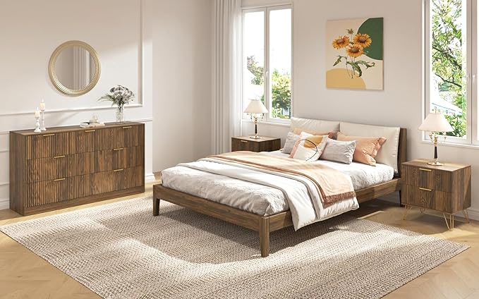 7 Drawer Dresser and Nightstand Sets, 3 Pcs Bedroom Set for Bedroom, Fluted Night Stand Set of 2 & 55" Wide Dresser w/Gold Handles, Mid Century Wood Chest of Drawers Storage Set, Walnut
