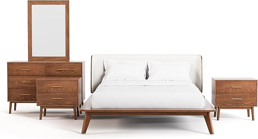 Furniture of America Wyatt Modern Solid Wood Bedroom Collection with Queen Bed Frame, Nightstands, Dresser with Mirror, No Box Spring Needed, Walnut, Boucle Wingback Low Profile, 5-Piece Set