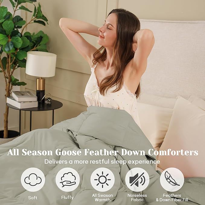Joysoul California King Size Down Comforter - All Season Ultra Soft Goose Down & Feather Fiber Fill, Luxury Hotel Sage Green Duvet Insert with Corner Tabs (108" X 94")