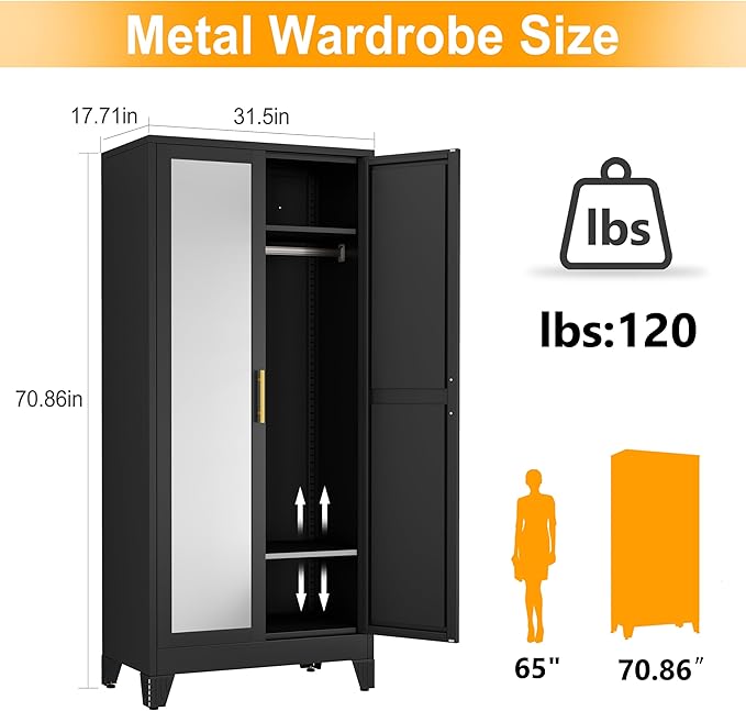 Ckzbx 71" H Metal Armoire Wardrobe Closet with Mirror,Adjustable Shelve, Clothes Drying Pole, Steel Wardrobe Cabinet for Bedroom (Black)