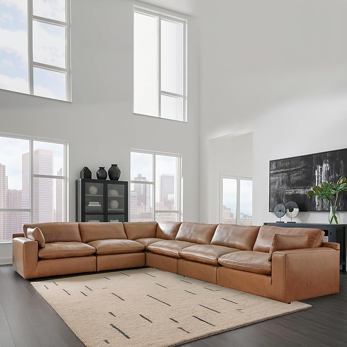Signature Design by Ashley Emilia Modern L-Shaped Leather Match Modular Anti Sag 6-Piece Sectional with Loose Back Cushions and 2 Bolster Pillows, Orange