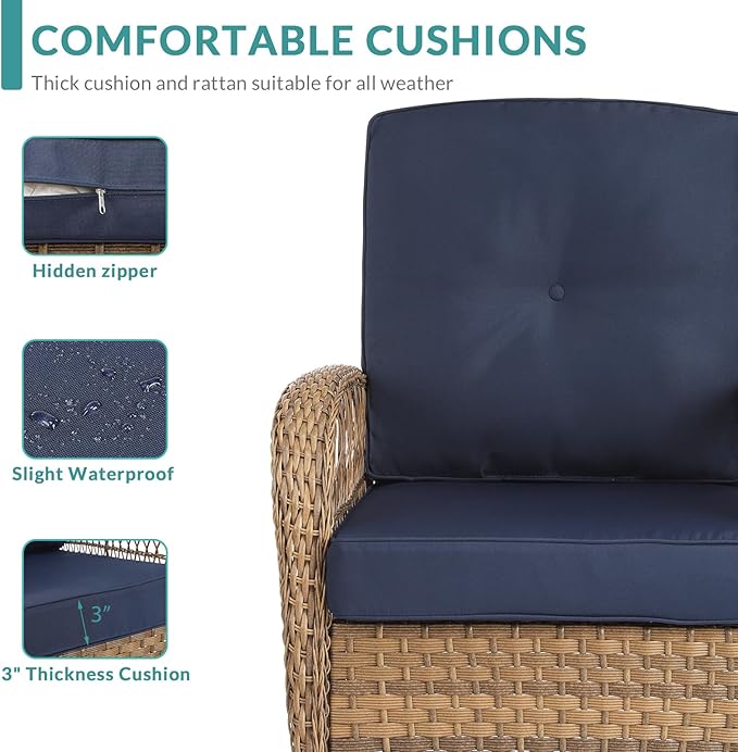 MEETWARM 4 Pieces Outdoor Wicker Patio Conversation Sets with Glider Loveseat, 2 Chairs with Glass-Top Coffee Table Wicker Rocking Glider Set, Wicker Conversation Set w/Thickened Cushions, Navy Blue