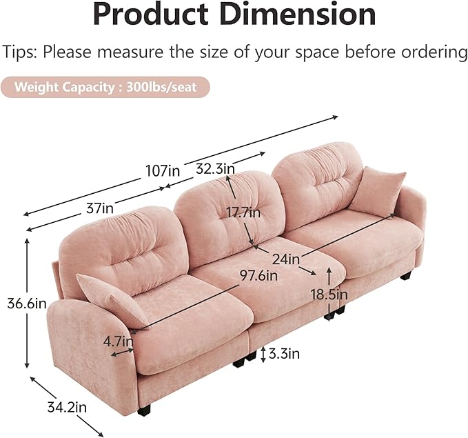 KEIKI 107" Oversized Chenille Modular Sectional Sofa with High-Density Foam Cushion and Tufted Pleated Cushion Backrest, Upholstered Modern 3-Seater Cloud Couch with 2 Pillow, for Living Room, Pink