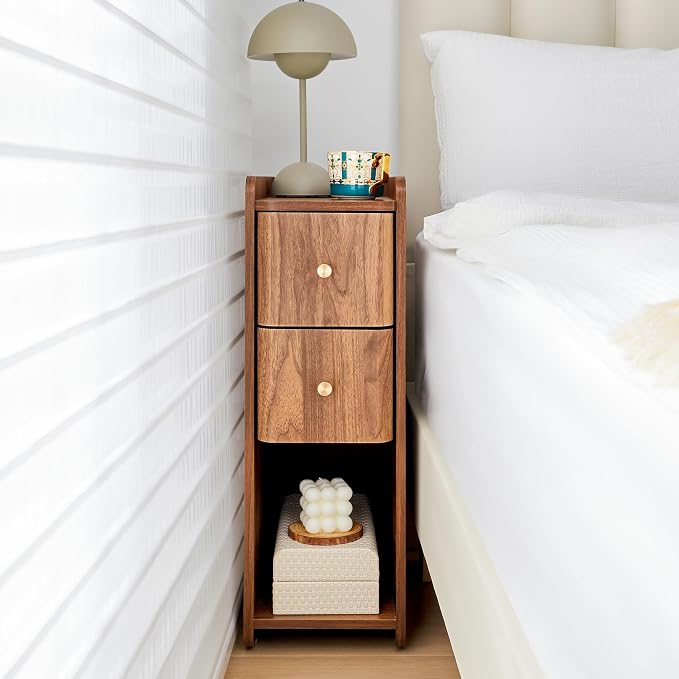 Narrow End Table Bedroom, Wooden Small 2 Drawer Nightstand, Thin Couch Side End Table, Skinny Bedside Table Small Spaces, Mid Century Modern Night Stand with Drawers (Walnut-1 pc) by FurSchFurniture