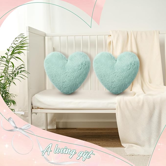 Marsui 2 Pcs Heart Throw Pillows, Soft Fluffy Faux Fur Decorative Hearts Shaped Pillows for Living Room Sofa Bed, Cute Heart Themed Gift for Women(Sage Green,11.81 x 11.02 Inch)