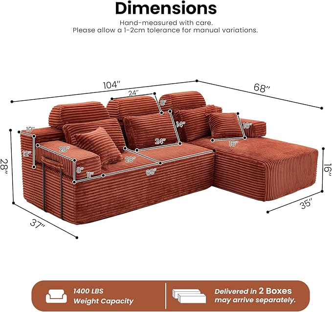104" L-Shaped Cloud Modular Sectional Sofa with Chaise & Headrest, Boneless Deep Seat Plush Corduroy Couches for Large Living Room, No Assembly Required (Orange, 104" L-shapred Chaise)