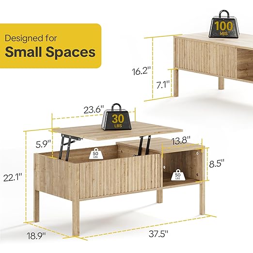Fluted Lift Top Coffee Table with Hidden & Open Storage, Rectangle Modern Coffee Table for Living Room, Smooth Hydraulic Lift, Large Capacity, Safe Round Corner Easy to Clean, Vertical Grain-Natural