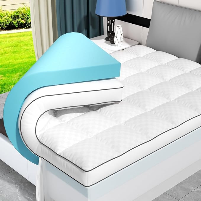 Queen Size Dual Layer 4 Inch Memory Foam Mattress Topper for Pressure Relief, 2" Breathable Pillow Top Plus 2" Cooling Gel Memory Foam Mattress Pad, 21" Elastic Pocket, Medium Support, White