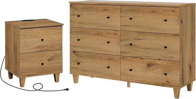 WAMPAT Dresser and Nightstand Set of 2, 47.2 Inches Wood Dresser with 6 Drawers, 1 Piece Nightstand with Drawers and Charging Station, Bedroom Furniture Set, Oak Brown