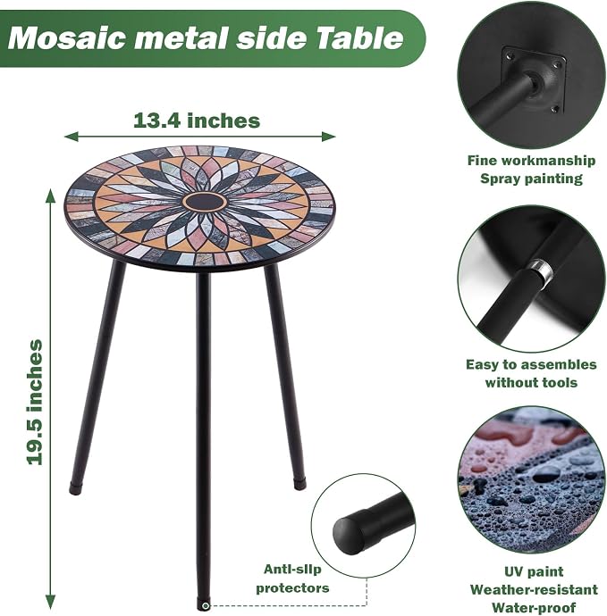 Party Zealot Metal Mosaic Round Side Tables Set of Two 13.4" Small Outdoor Patio Round Accent Coffee Tables Indoor Corner Stand for Small Spaces Weather-Resistant for Balcony Plant Stand - Image 3