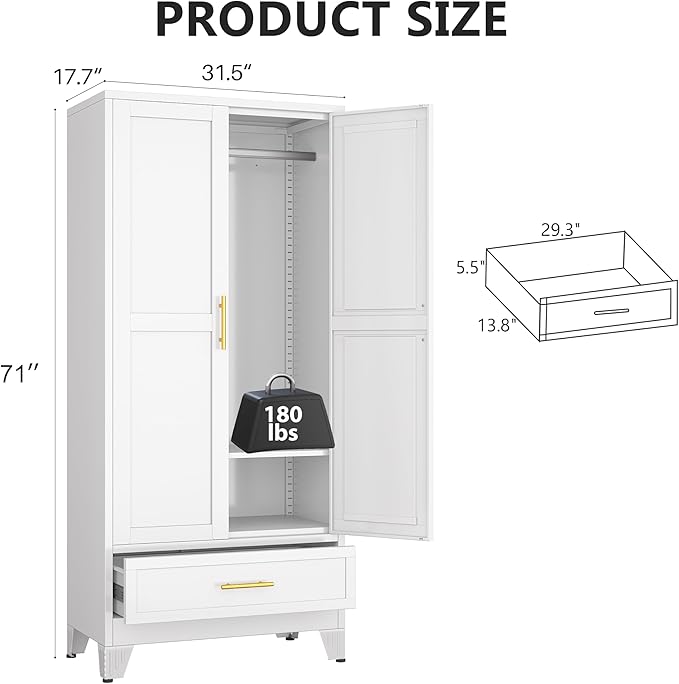 Metal Armoire Wardrobe Closet Storage Cabinet with 2 Doors White, 71'' Wardrobe Cabinet with Hanging Rod Metal Closet with Adjustable Shelf and Drawer for Bedroom, Laundry Room, Cloak Room