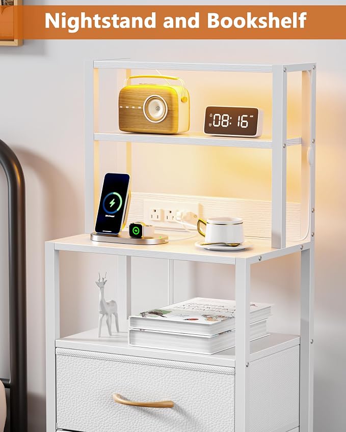 Furnulem Night Stand, White Bedside Nightstand with 4-Tier Shelves and 3 Fabric Drawers, LED Bed Side Tables with Charging Station, Tall Dresser for Bedroom, Hallway, Office - Image 3