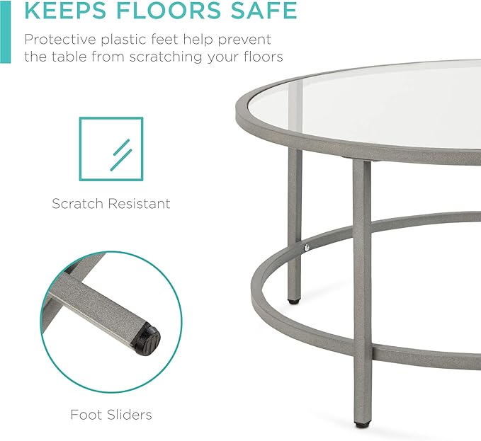 Best Choice Products 36in Modern Round Tempered Glass Accent Side Coffee Table for Living Room, Dining Room, Tea, Home Décor w/Metal Frame, Non-Marring Foot Caps - Gray