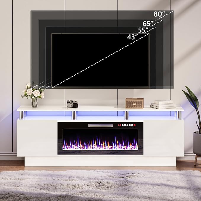 TAVATA 70" Fireplace TV Stand with 36" Fireplace for TVs up to 80", Modern Wooden Entertainment Center with LED Lights for Living Room Bedroom, High Gloss TV Console Cabinet with Open Shelf, White - Image 6