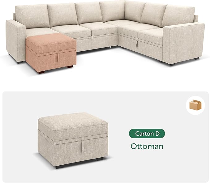 HONBAY Storage Ottoman Module for Sectional Sleeper Sofa with Pull Out Bed, Movable Footrest Ottoman for Modular Couch, Beige