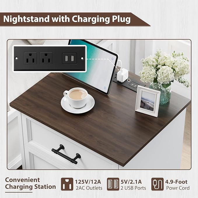 Bedroom Set, 3 Pieces Bedroom Furniture Set, Wood 7 Drawer Dresser and 3 Drawers Nightstands with Charging Station, Farmhouse Storage Organizer Cabinet for Bedroom, White