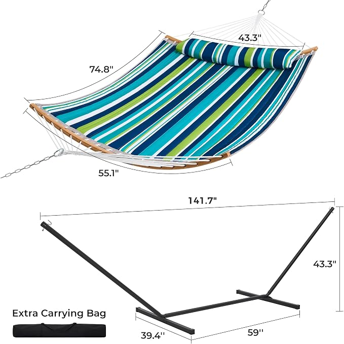 SUPERJARE Hammock with Stand, 2 Person Heavy Duty Hammock with Padded Cotton, Detachable Pillow & Strong Curved-Bar & Portable Carrying Bag, Perfect for Outdoor & Indoor - Dark Cyan - Image 8