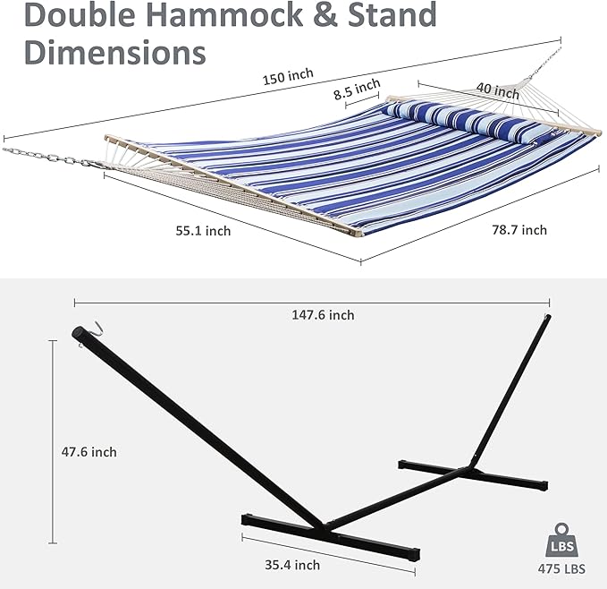 SUNCREAT Two Person Hammock with Stand Heavy Duty, Free Standing Hammocks Outdoors for 2 Person, Max 475lbs Capacity, Blue Stripes - Image 4