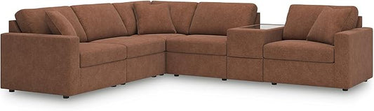 Signature Design by Ashley Modmax Contemporary Stain Resistant Left-Arm Facing 6-Piece Sectional with Storage Console, Armrest, Throw Pillows and Reversible Cushions, Orange