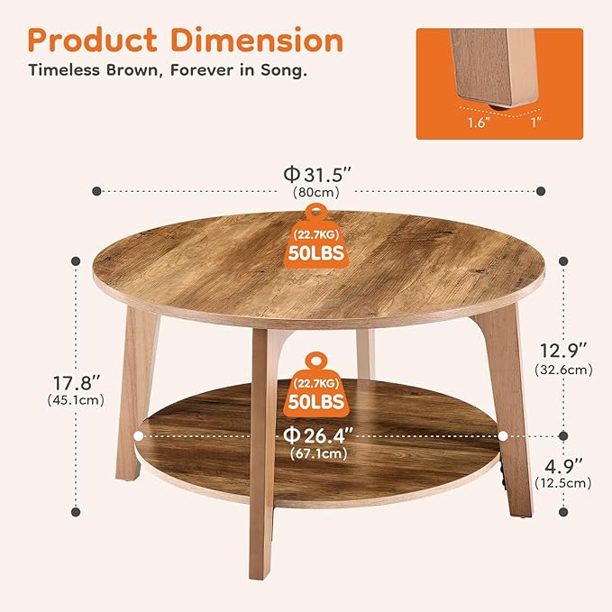 OLIXIS Round Coffee Table, 31.5'' Wood Coffee Tables for Living Room with Storage, 2-Tier Center Circle Counter with Wooded Desktop, 50 lbs Capacity, Anti-Slip Feet, Modern Farmhouse Design, Brown