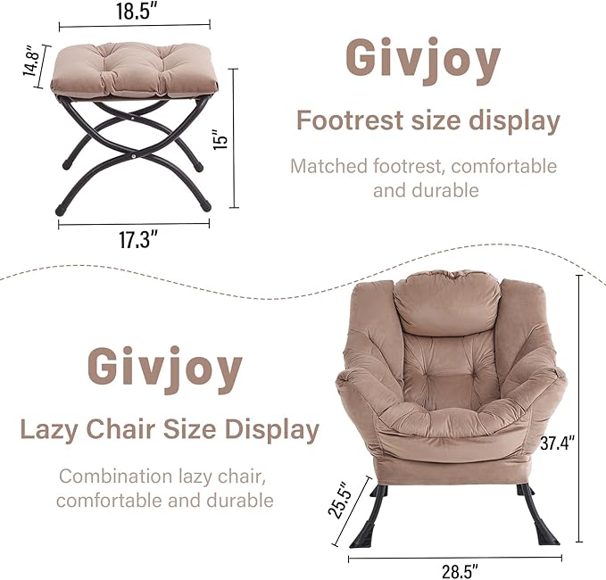 Lazy Chair and Ottoman, Large Velvet Brown Accent Chair with a Side Pocket, Modern Leisure Upholstered Sofa Reading Armchair with Footrest for Office, Bedroom, Living Room, Dorm Rooms, Balcony