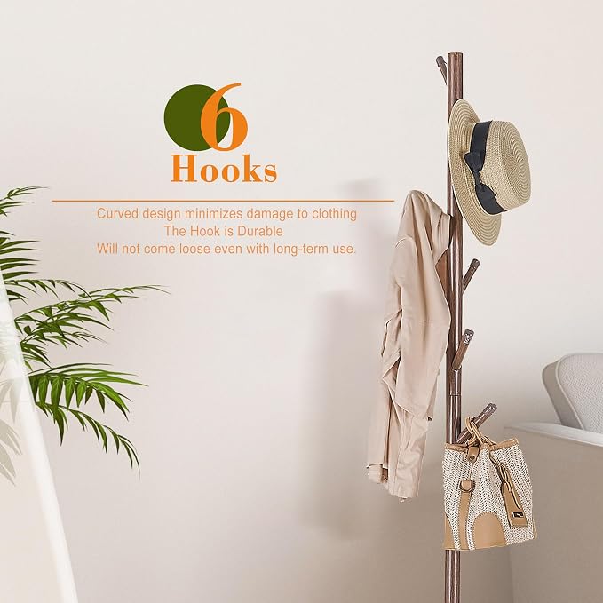 VECELO Coat Rack Freestanding, Entryway Hanger Stand, Umbrella Holder, Hall Tree With Hooks, Floor Standing Metal Tree Stand,Walnut - Image 6