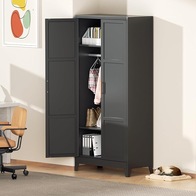 Superday Metal Wardrobe Closet, 72" H Bedroom Armoires with Wooden Handle, Metal Cabinet with Adjustable Shelves and Hanging Rods, Steel Storage Locker Closet for Home, Office, Employee, Gym (Black)