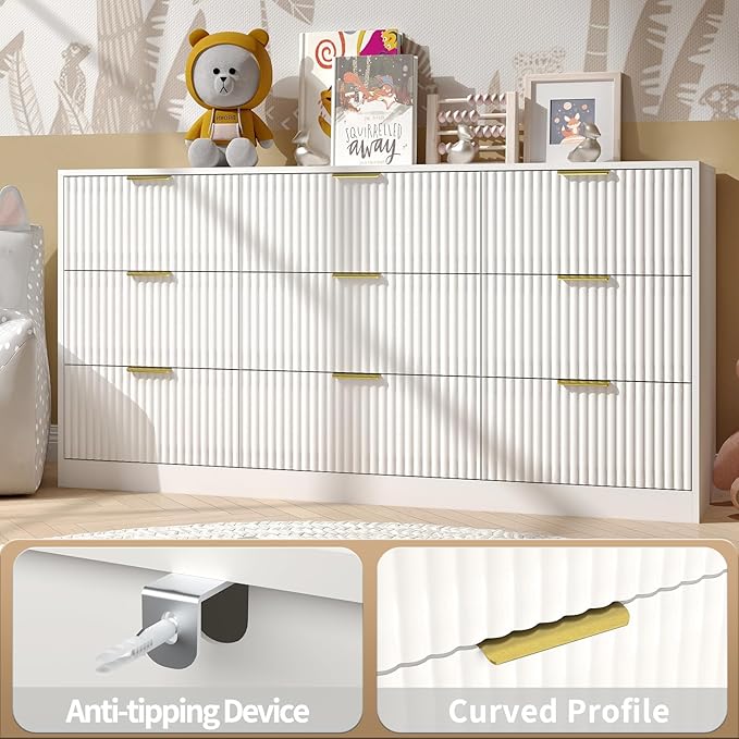 White Dresser Set of 2, Long Dresser for Bedroom Wooden with 18 Drawers, Fluted Modern Bedroom Furniture Set, TV Stand Dressers & Chests of Drawers for Closet (15.7"D x 125.8"W x 31.8"H)