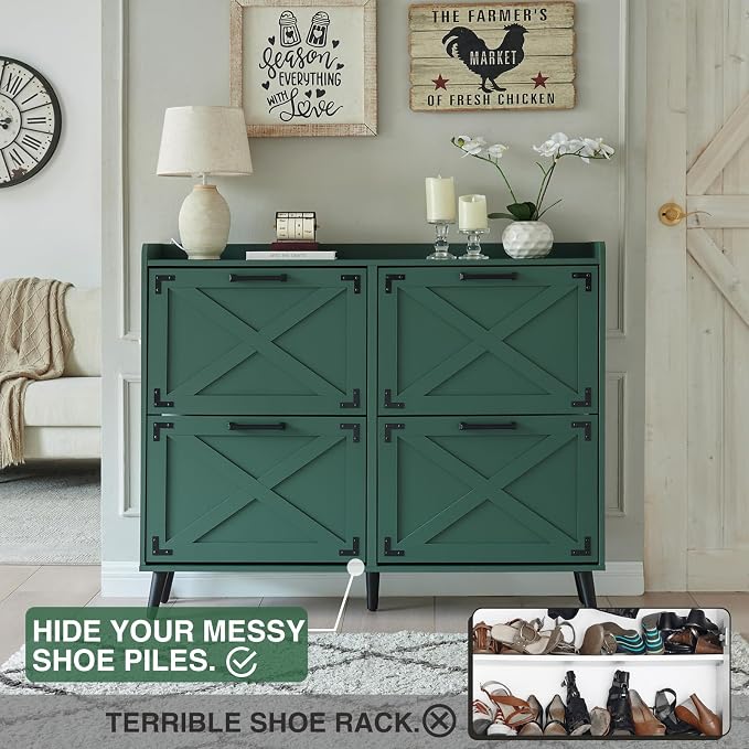 Barnyatoh Shoe Storage Cabinet,Farmhouse Shoe Organizer with 4 Flip Drawers & Barn Door Design,Freestanding Hidden Slim Narrow Shoe Rack Cabinet for Entryway,Foyer,Hallway,Green - Image 3