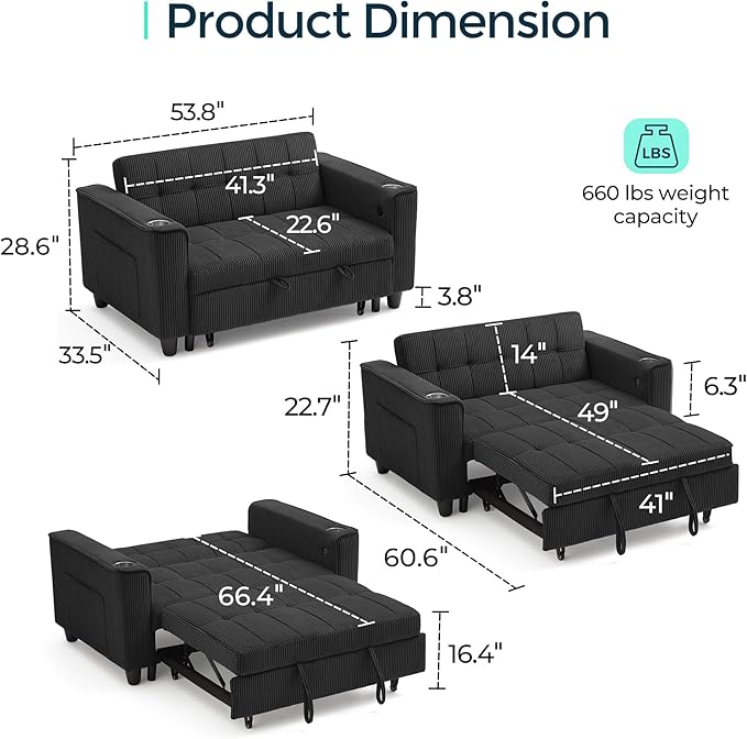 LINSY Sleeper Sofa Bed, 54" Pull Out Couch with Charging Station & Cup Holder, Small 3 in 1 Convertible Loveseat Sleeper Couch for Apartment, Dorm Room, Bedroom and Small Space, Corduroy Black