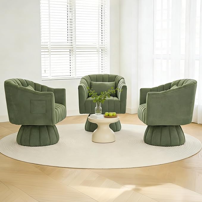 ClinQ Swivel Barrel Chair with Pillow & Side Pocket Set of 2, 360° Cloud Velvet Round Swivel Accent Chair, Cuddle Reading Lounge Chair for the Living Room, Bedroom, Office, Green-Vertical Stripes