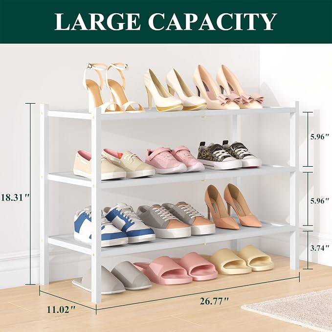 Smiry Bamboo Shoe Rack, 3 Tier Shoe Organizer for Entryway & Closet, Stackable Free Standing Storage Shelf for Shoes, Bags & Plants, White - Image 2