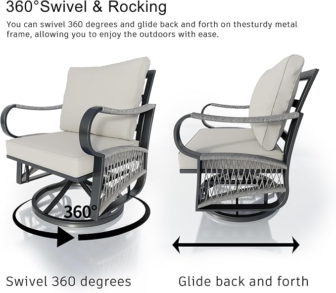 5 Pieces Outdoor Patio Conversation Sets, Outdoor Furniture Set Metal 3-Seater 2 Swivel Rockers with Side Tables and Fire Pit Table for Backyard Deck Porch Poolside, Beige