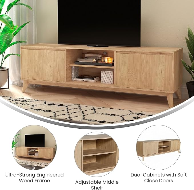 Flash Furniture Hatfield Mid-Century Modern TV Stand for 65+ Inch TV's - Light Natural Laminate Finish - 70" Media Center - Adjustable Center Shelf - Soft Close Doors - Image 3