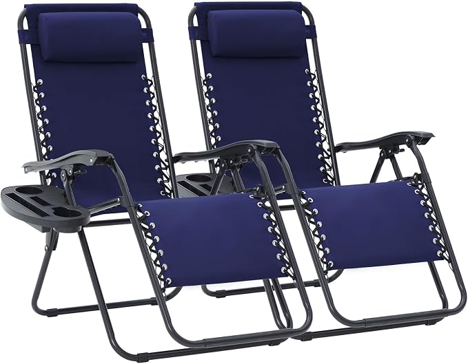 JEAREY Zero Gravity Lounge Chairs Set of 2, Adjustable Steel Mesh Recliners with Pillows and Cup Holder Trays for Patio, Garden, Beach, Navy Blue by JEAREYOutdoorsCollection