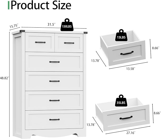 Dresser for Bedroom with 6 Drawers, 49" Tall Wood Chest of Drawers with Deep Drawers & Mental Handle, Modern Dresser TV Stand, Wooden Closet Storage Organizer for Living Room, Hallway, Entryway, White - Image 2