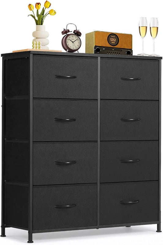 8-Drawer Dresser for Bedroom, Anti-Tip Tall Storage Organizer Chest of Drawers with Wooden Top and Metal Frame Fabric Bins for Closet, Living Room, Hallway, Entryway, Black by SageNest