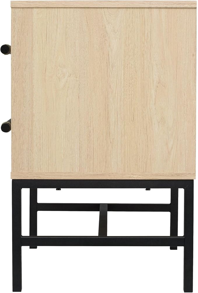 Sophia 2-Drawer Nightstand in Natural Oak Look with Rattan Panels and Minimalist Black Metal Frame- Perfect Bedroom Storage for Small Spaces, Large Suites, or Living Rooms - Image 3