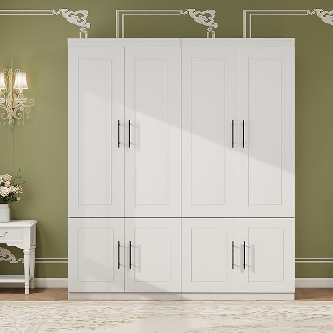 Wooden Armoire Wardrobe Closet with 4 Door, Bedroom Armoire Storage Cabinet, Modern White Armoire Wardrobe Closet with Shelves and Hanging Rod for Bedroom