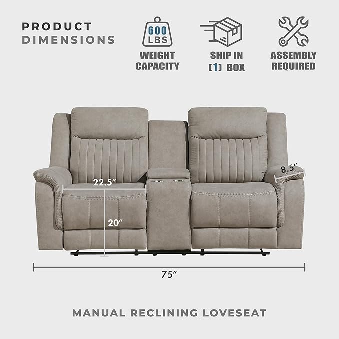 Lexicon Manual Double Reclining Loveseat, Polished Microfiber Manual Wall Hugger Loveseat Recliner for Living Room, Center Storage Console/Cup Holders, Easy Assembly, Dove