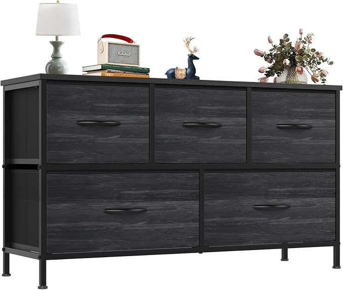 OLIXIS Dresser for Bedroom with 5 Drawers, Wide Chest of Drawers, Fabric Bedroom Dresser with Drawer Organizer, Storage Organizer Unit with Fabric Bins for Closet, Living Room, Hallway, Black Wood by OLIXIS