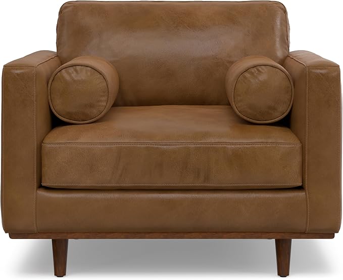 SIMPLIHOME Morrison Arm Chair - 42 inch Wide Upholstered Genuine Leather Mid-Century Modern Accent Chair in Caramel Brown with Solid Wood Legs, Reversible Bolster Pillows and Reclined Back