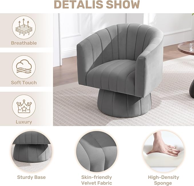 Swivel Accent Barrel Chair, Cute Comfy Small Round 360° Arm Chair. Velvet Sofa Club Reading Chair for Living Room Bedroom Office Grey