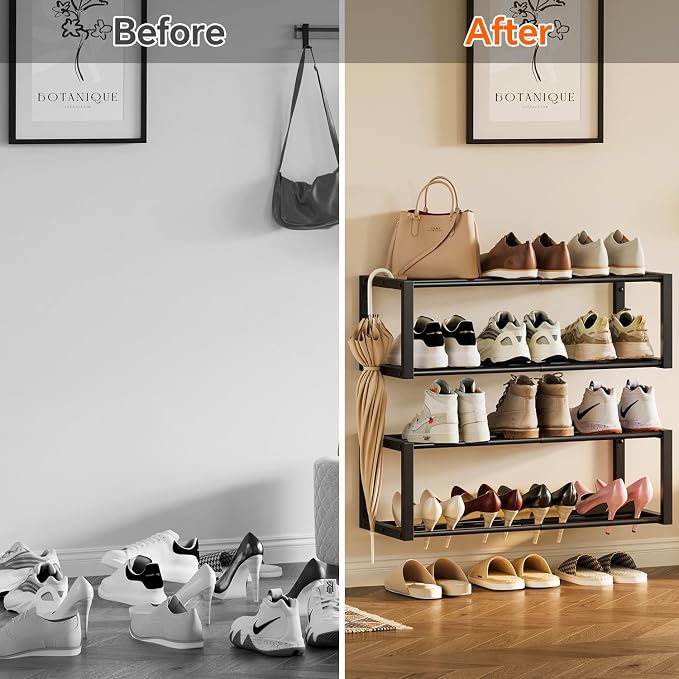 Homeiju Hanging Shoe Organizer,2 Pack Wall Mounted Shoe Rack Holds 12 Pairs,Space Saving Metal Wall Shoe Rack,Hanging Shoe Rack Shoe Holder for Small Space,Entryway,Closet,RV,Camper（Black - Image 9